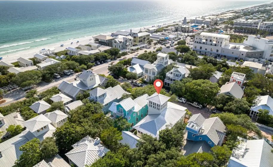 Aerial view of 36 E Ruskin Street and the beach, Seaside, Florida