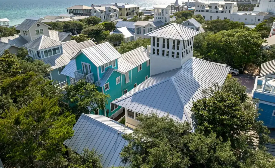 Aerial view of 36 E Ruskin Street and the beach, Seaside, Florida