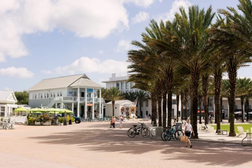 Panoramic View of Seaside Community Center: Park, Restaurant, Houses, and People Enjoying a Sunny Day in Seaside, Florida.