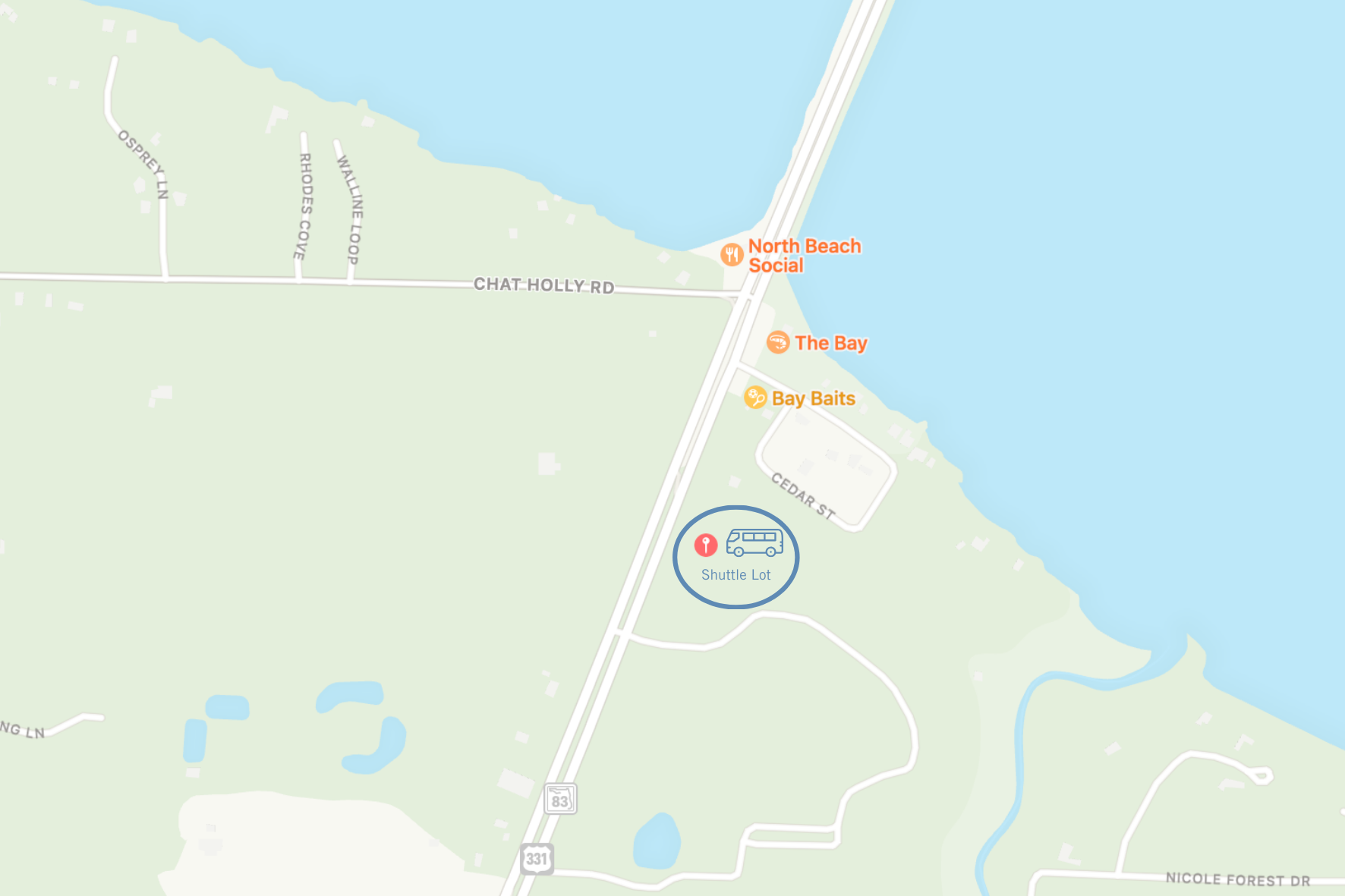 Map showing shuttle lot location near North Beach Social and coastal highway.