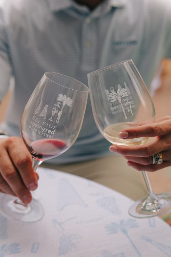 Two hands clinking wine glasses at a seaside wine festival.