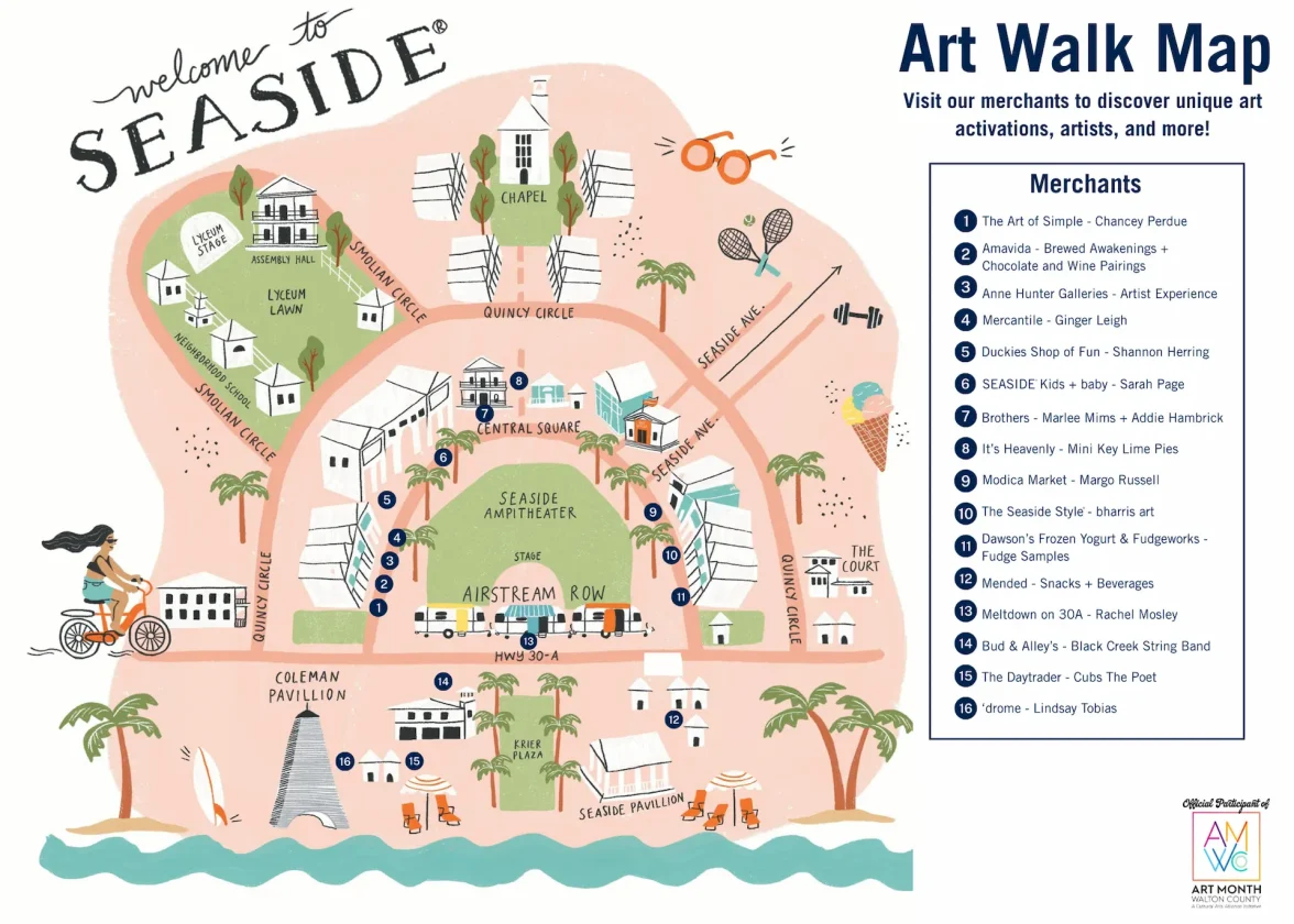 Whimsical illustrated map of Seaside town showing art walk route, local merchants, landmarks, and coastal scenery.