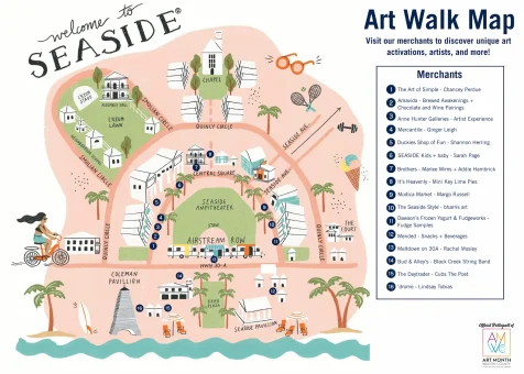 Whimsical illustrated map of Seaside town showing art walk route, local merchants, landmarks, and coastal scenery.