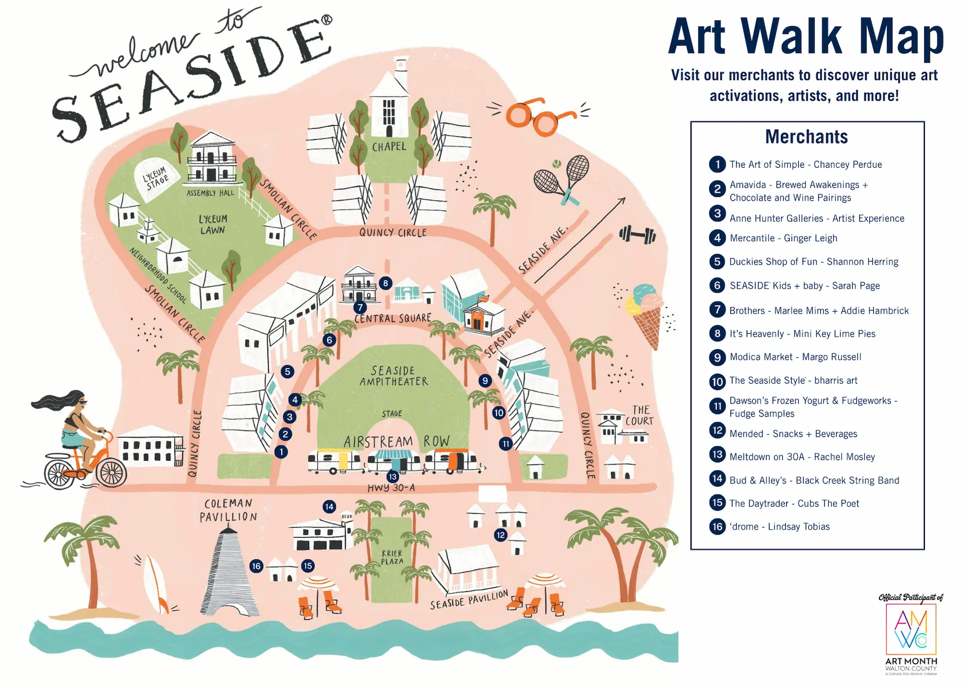 Whimsical illustrated map of Seaside town showing art walk route, local merchants, landmarks, and coastal scenery.
