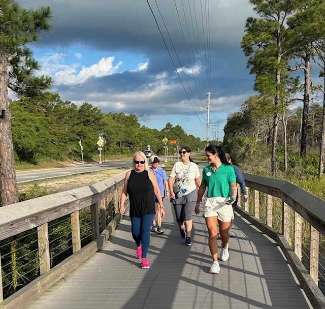 Group of people walk together on a wooden pedestrian bridge surrounded by lush green trees and blue sky.