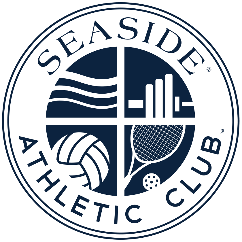 Seaside Athletic Club circular logo featuring sports icons, waves, city skyline, and tennis racket.