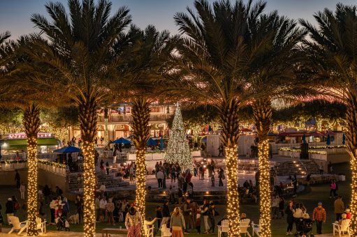 Palm trees wrapped in lights surrounding a festive outdoor plaza with people gathering around a lit holiday tree at dusk