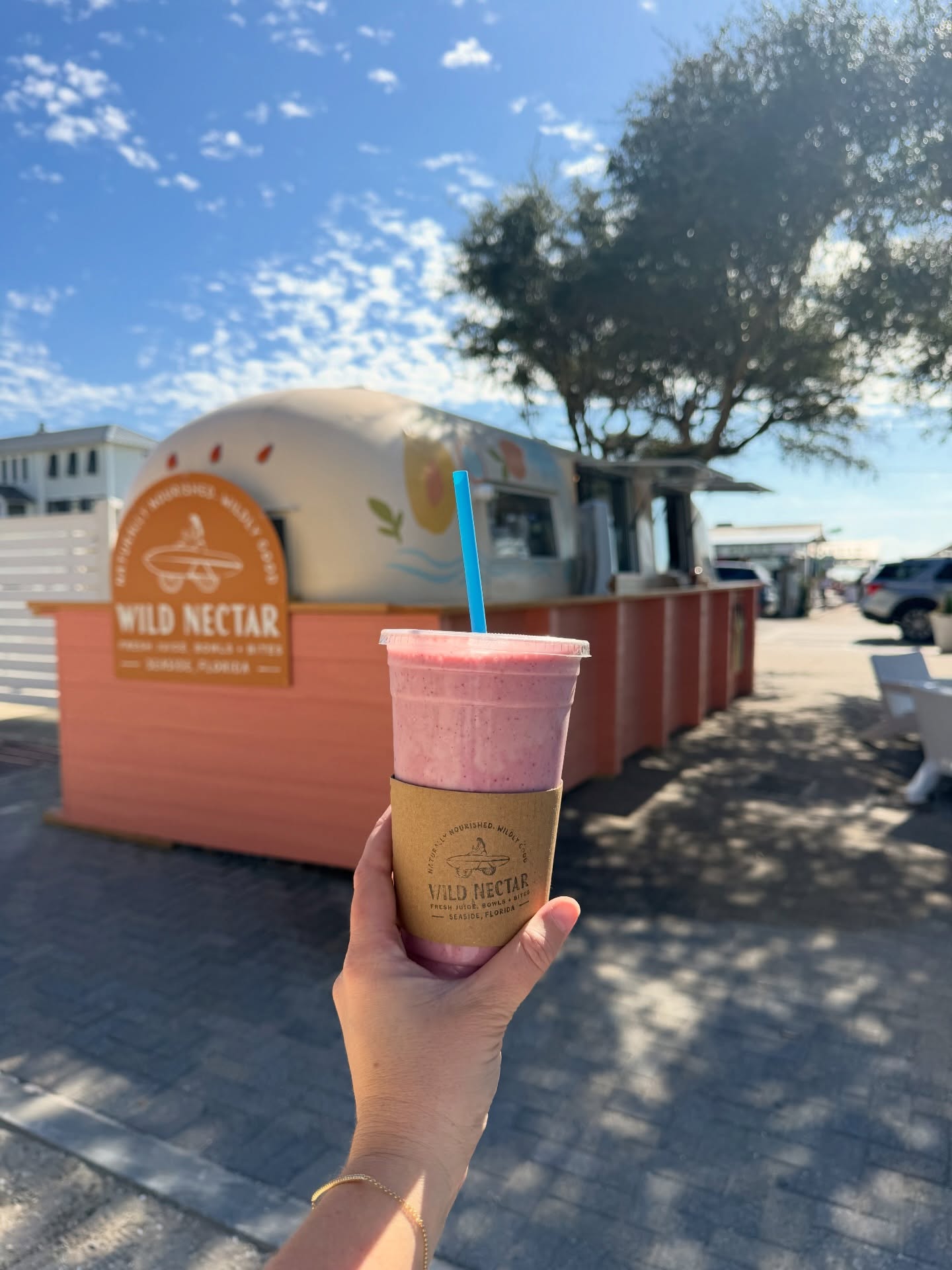 Hand holding a pink smoothie in front of Wild Nectar juice bar under a sunny blue sky.