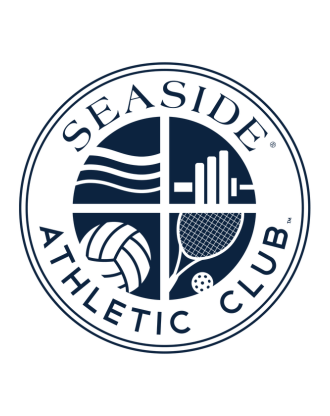 Seaside Athletic Club circular logo featuring waves, barbell, volleyball, and tennis icons.