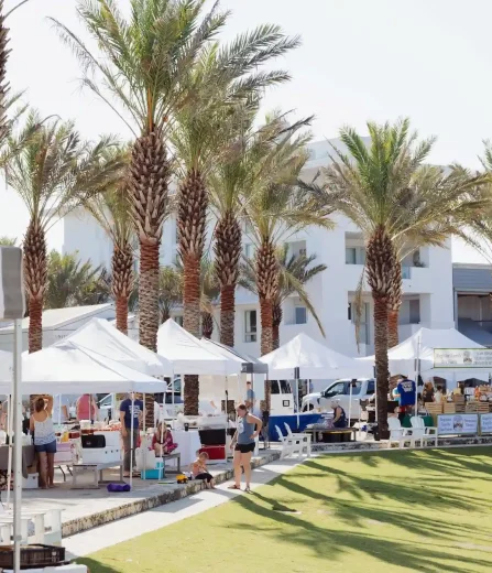 Outdoor market with white tents, palm trees, people shopping, and modern white buildings in the background.