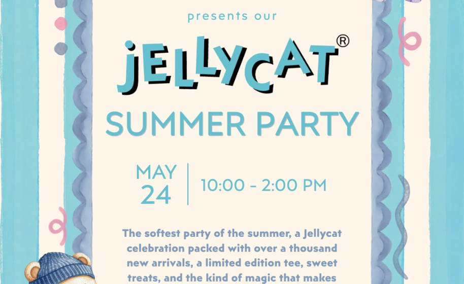 Illustrated flyer for a Jellycat Summer Party featuring pastel stripes, plush animal characters, and event details.