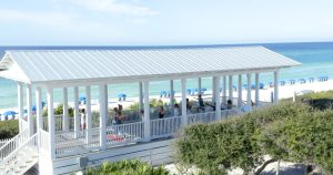 Morning yoga class at the SEASIDE® Pavilion overlooking the Gulf, offered daily through October