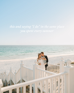 bride and groom standing on pavilion on beach